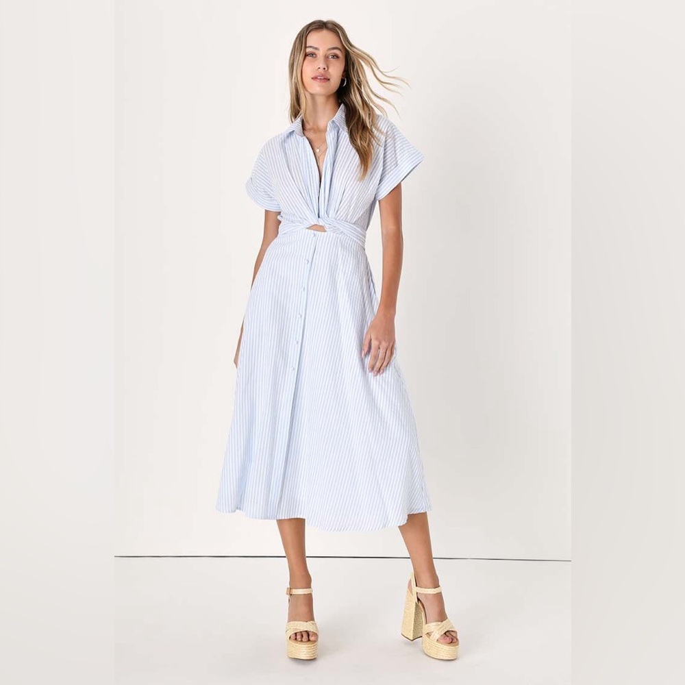 Lulus Adorable Impression White and Blue Midi Dress With Pockets Small *flawed*